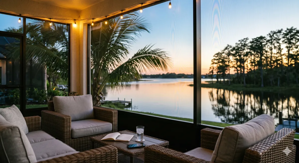Screened-in patio with wicker furniture and string lights overlooking a calm lake at sunset, protected from mosquitoes by OneTrack motorized screens