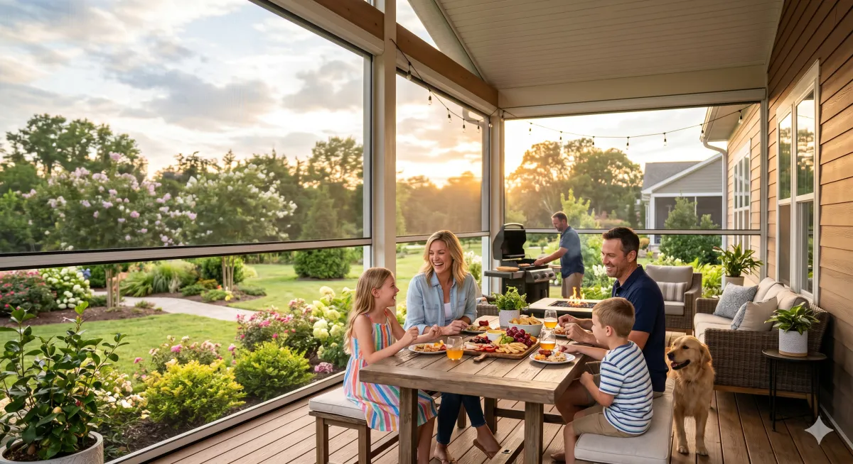 Family with young children and golden retriever enjoying a Memorial Day meal on a covered porch while dad grills in the background, showcasing the reward of early OneTrack motorized screen installation planning