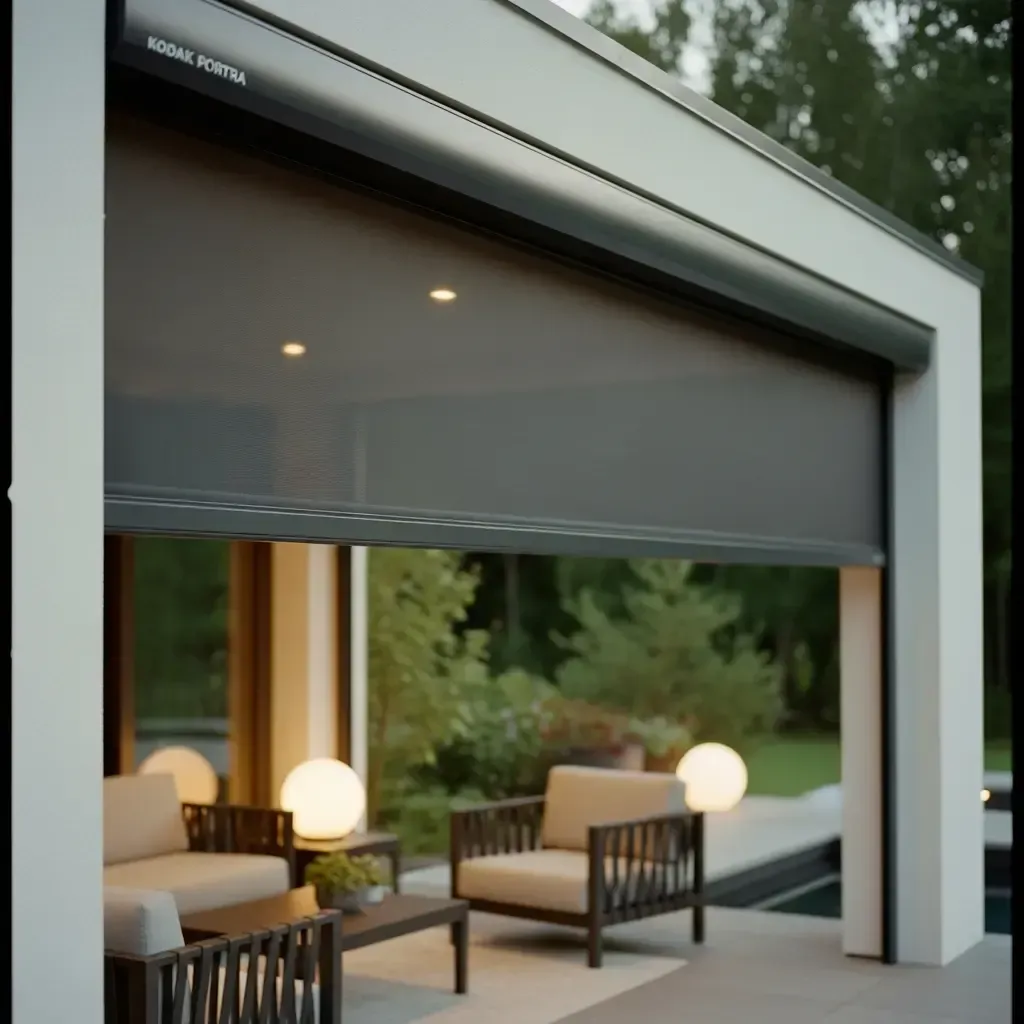 Modern patio with motorized retractable screen enclosing an outdoor seating area, featuring contemporary lounge furniture and soft globe lighting for all-weather outdoor living.