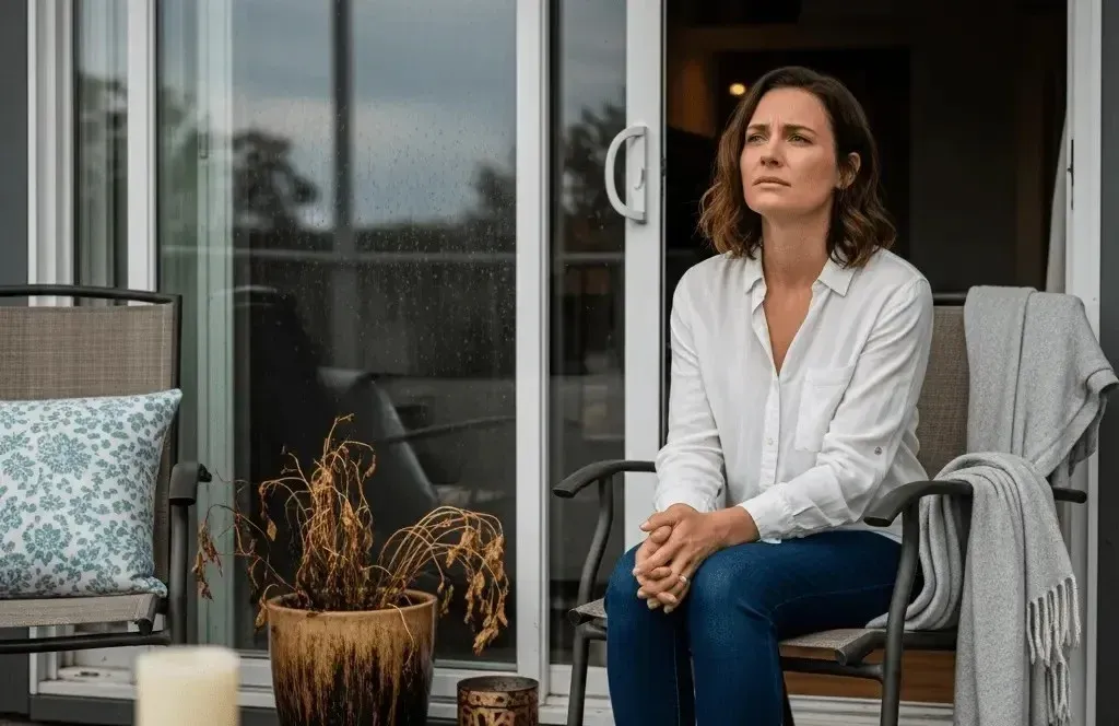 Woman sitting on a covered patio, looking out at rainy weather through glass sliding doors, with dead plants and empty outdoor furniture suggesting frustration about not enjoying her outdoor living space.