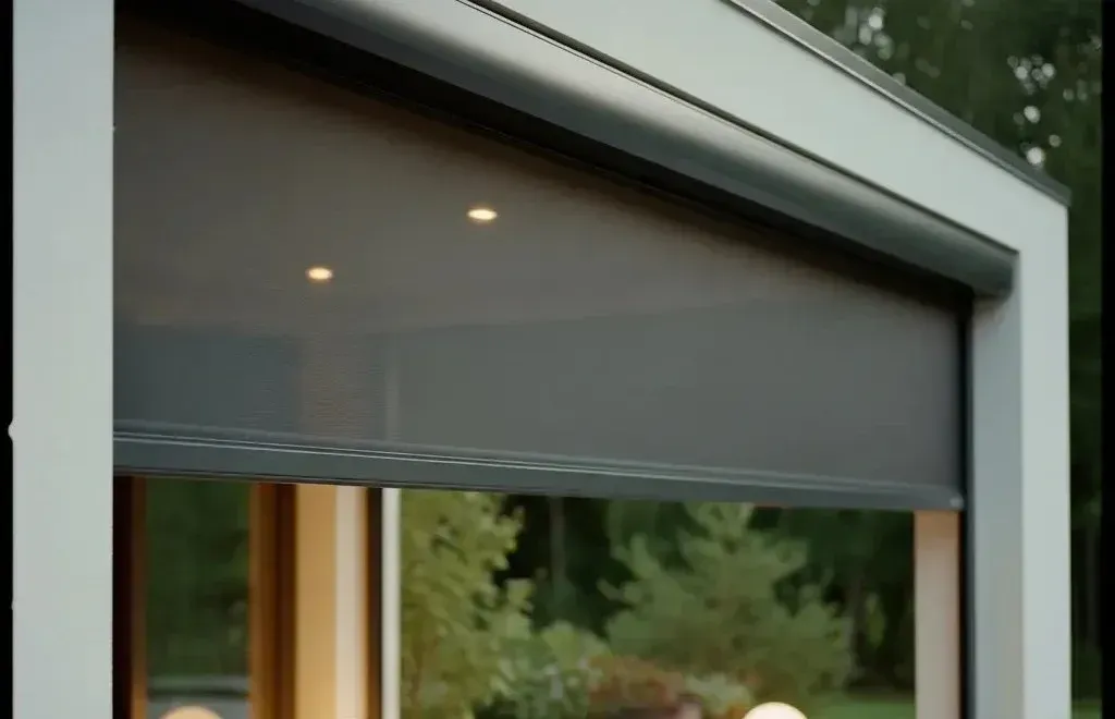 Modern patio with motorized retractable screen enclosing an outdoor seating area, featuring contemporary lounge furniture and soft globe lighting for all-weather outdoor living.