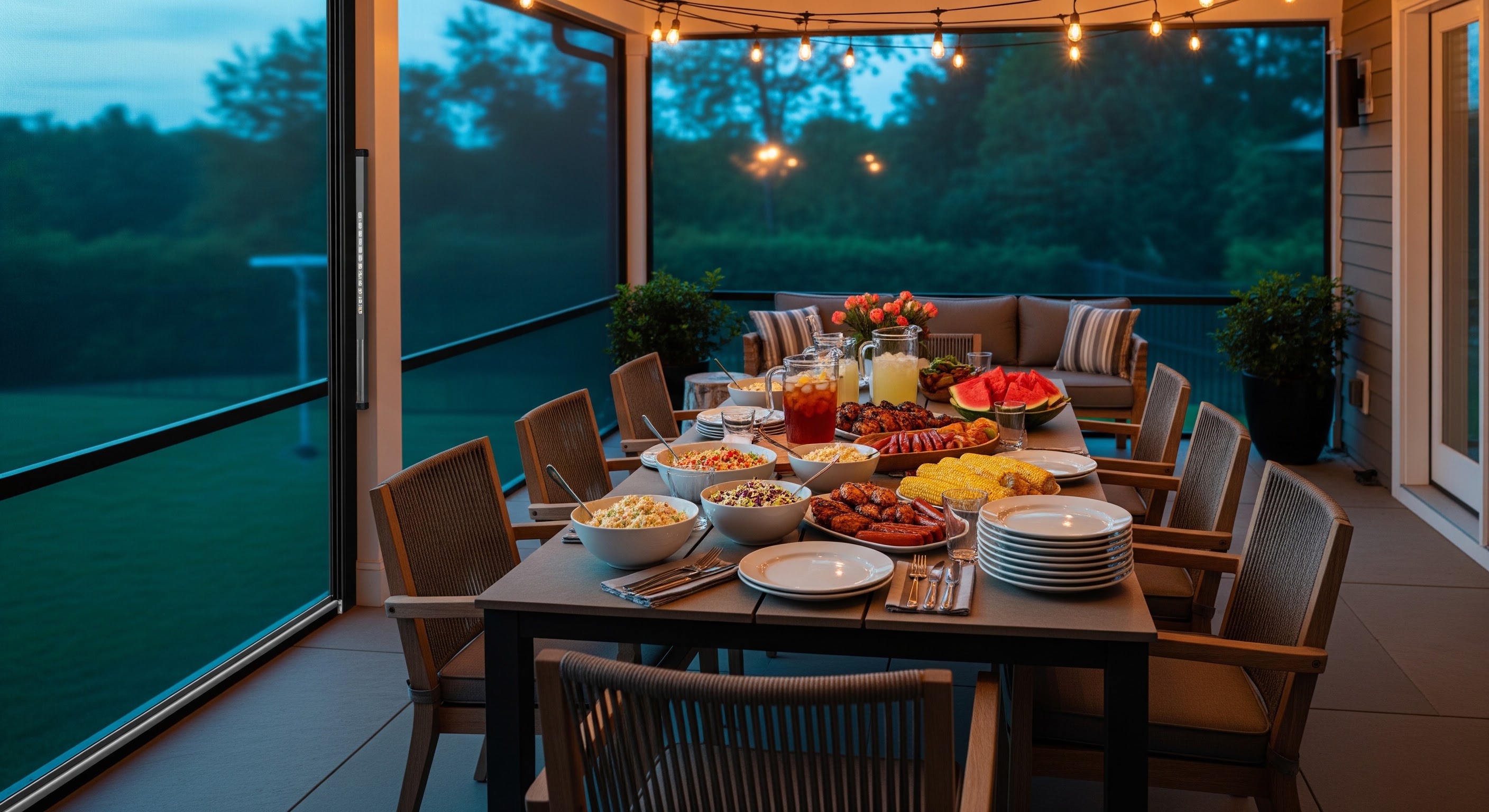 A backyard patio table set for a Labor Day cookout at dusk, string lights on, motorized screens visible along the edge of the covered area