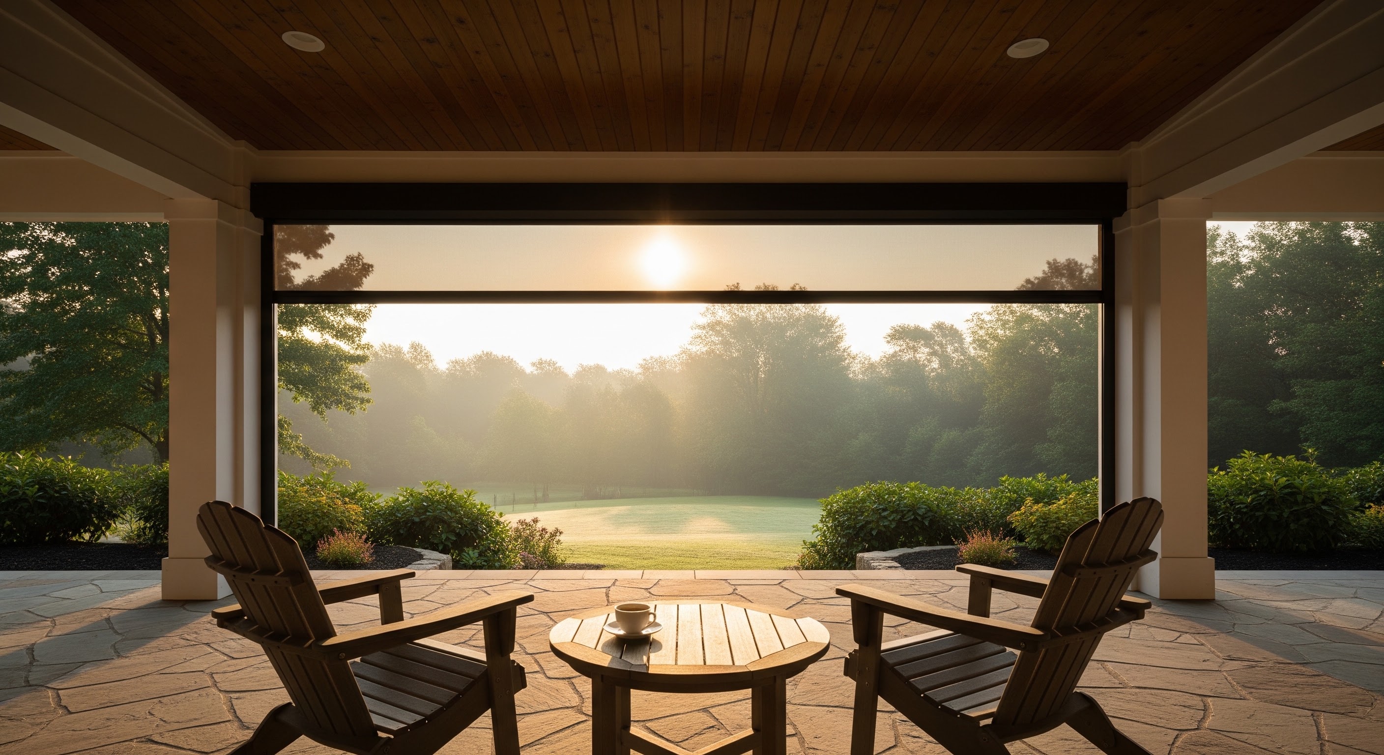 A quiet, sunlit patio on Labor Day morning, empty chairs and a coffee cup on the table, motorized screen open and out of the way