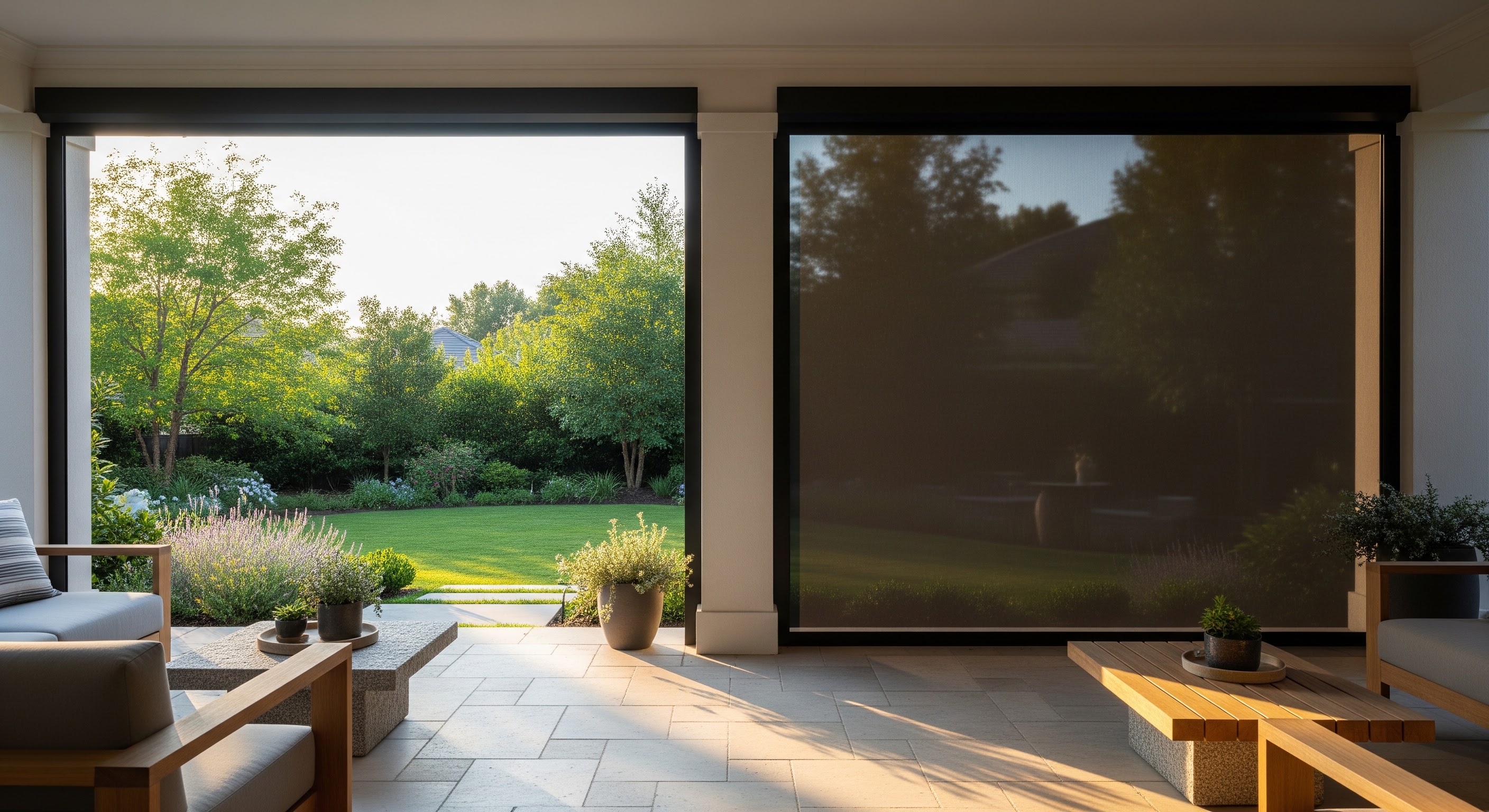 A covered residential patio with motorized screens partially deployed, showing the difference between an open opening and a screened one, with outdoor furniture and evening light.