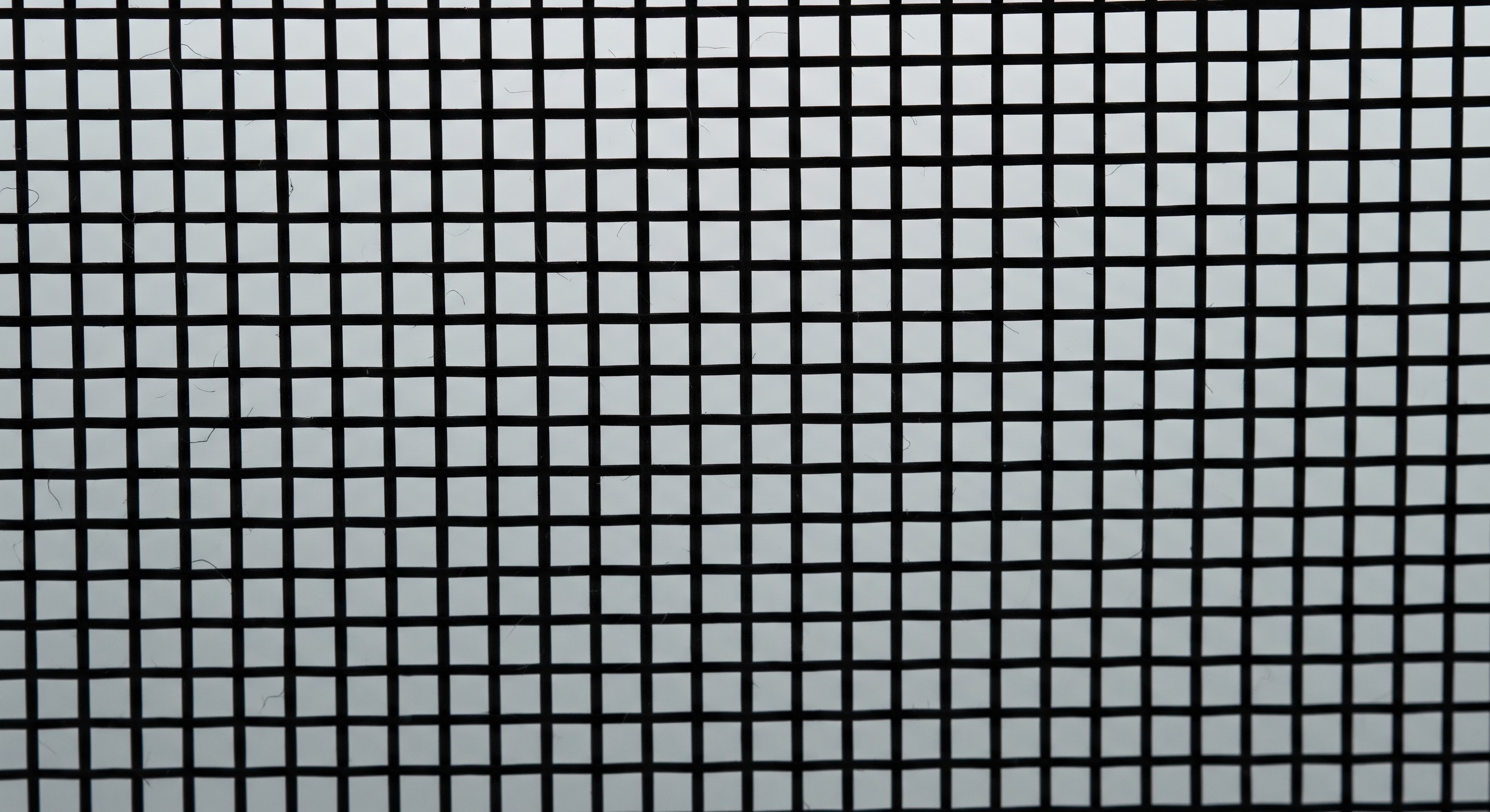 Extreme close-up of vinyl-coated polyester insect screen mesh, showing the woven grid structure and the square openings between strands, with soft daylight behind the weave.