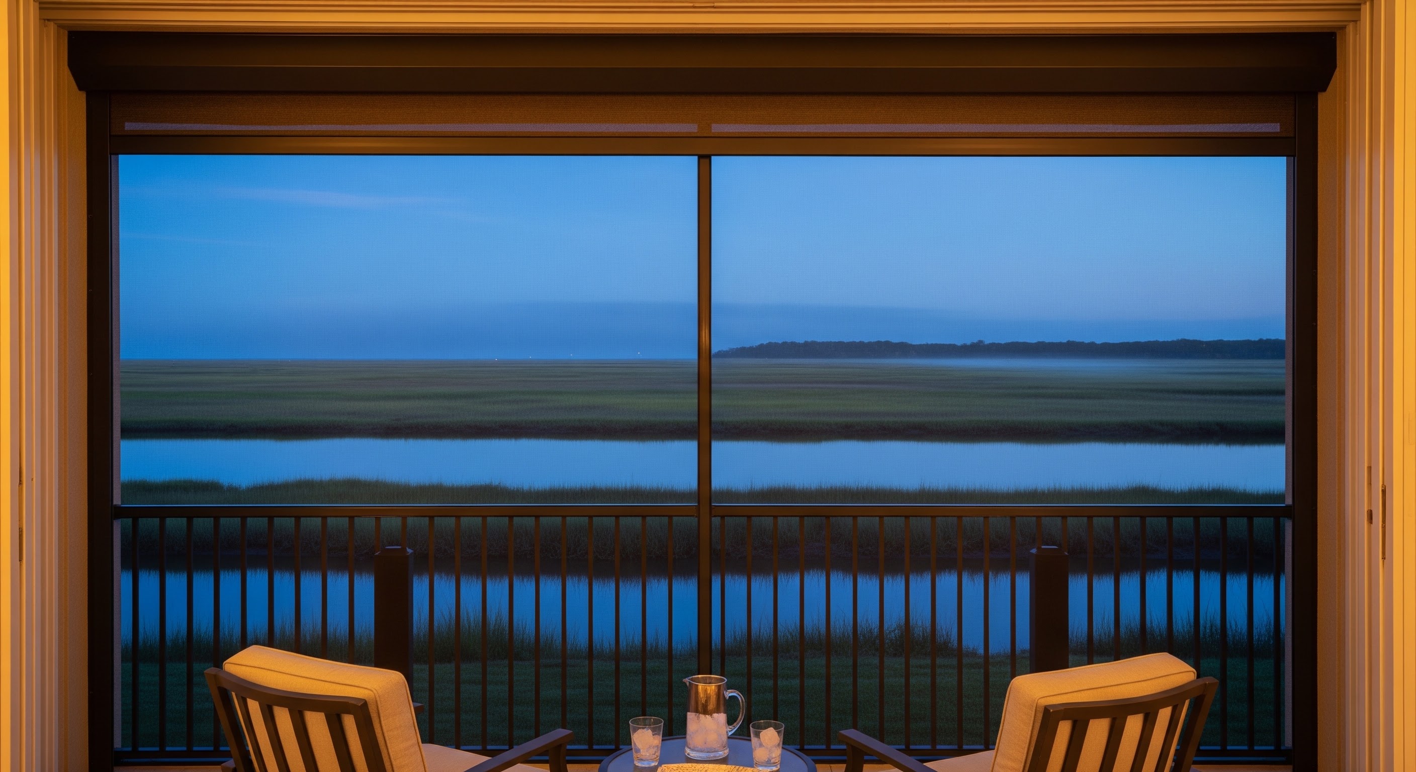 A coastal screened lanai at dusk beside a salt marsh, warm interior light glowing behind a dark motorized screen, with low mist over the water line beyond.