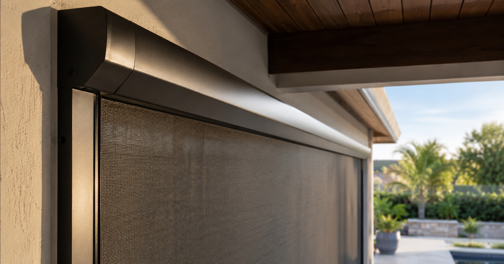 A motorized screen fully lowered and flat across a covered patio opening in early morning light