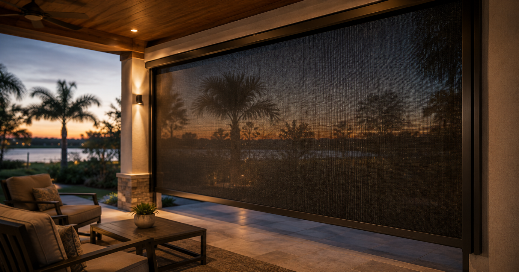 A motorized screen reel and housing mounted above a quiet patio seating area at dusk