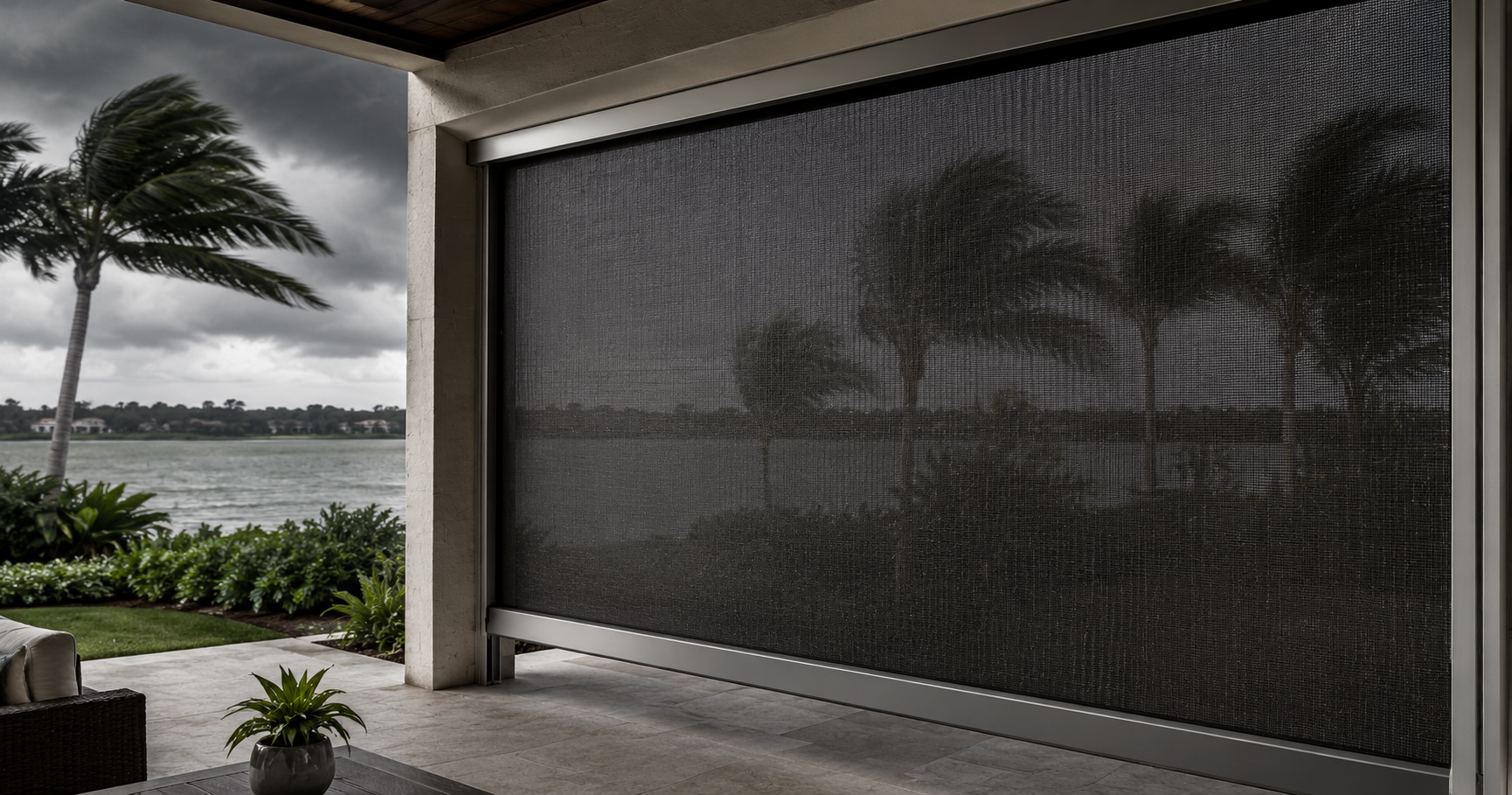 A motorized screen holding taut and flat across a covered lanai opening on a windy, overcast day