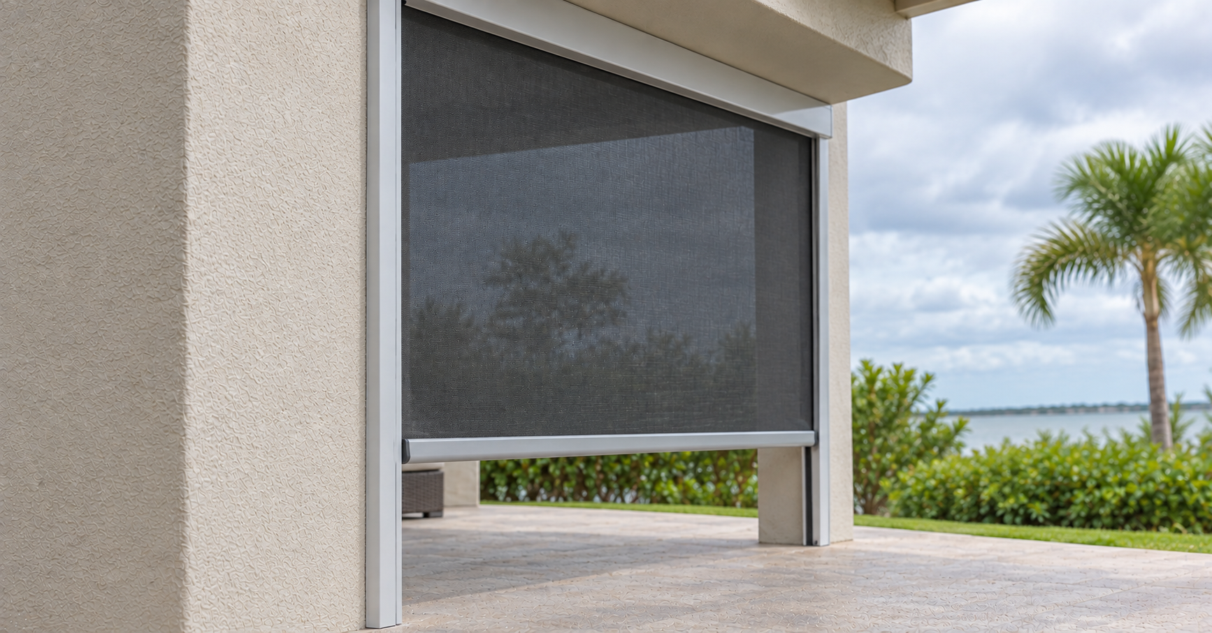 Aluminum side track and weight bar of a One-Track motorized screen mounted to a patio column, with an open unobstructed sill below — durable motorized screen track construction from Fenetex One-Track