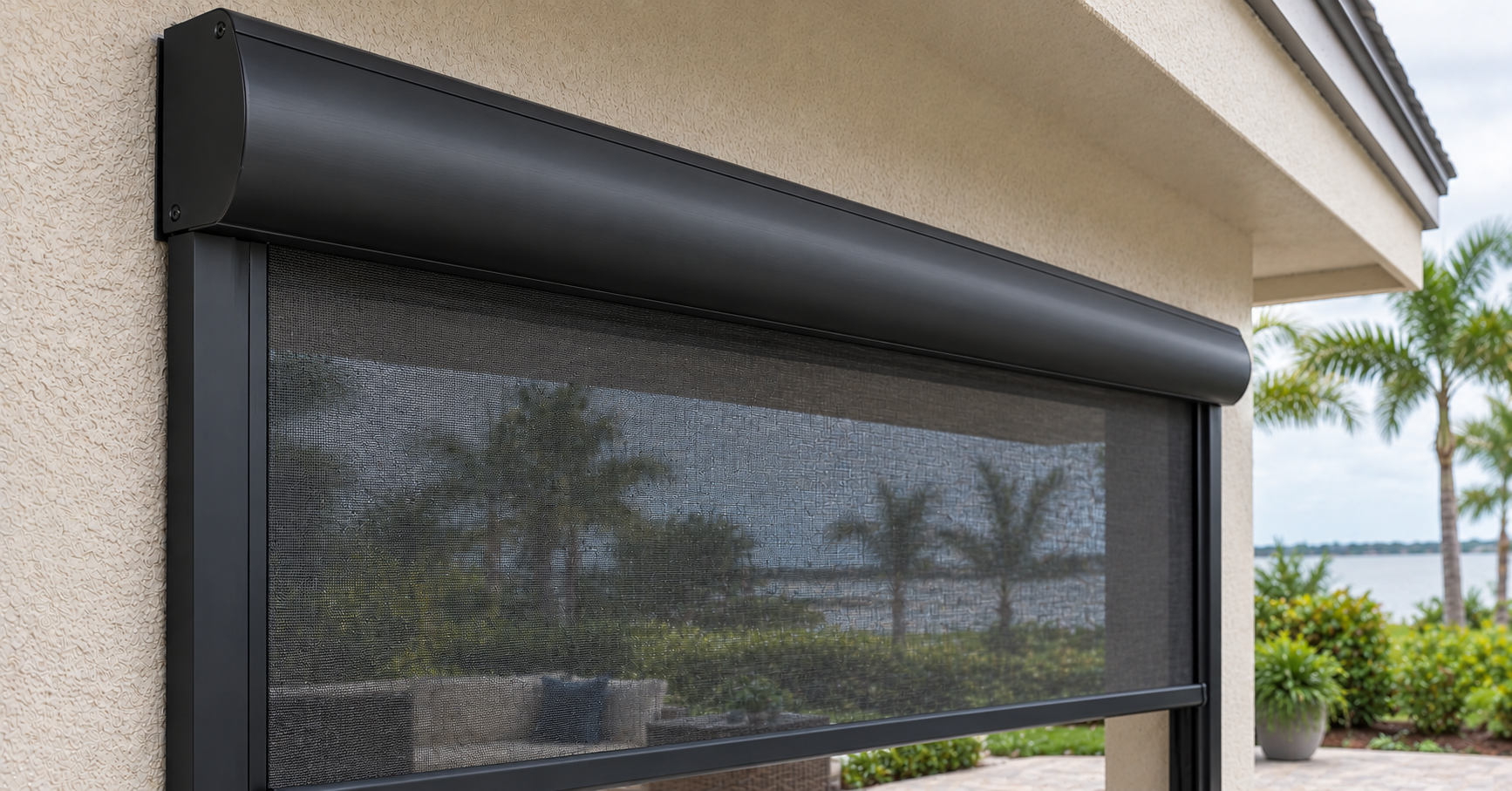 Exterior aluminum housing of a One-Track motorized screen at the head of a covered patio opening, showing the enclosed hood construction — durable motorized screen components from Fenetex