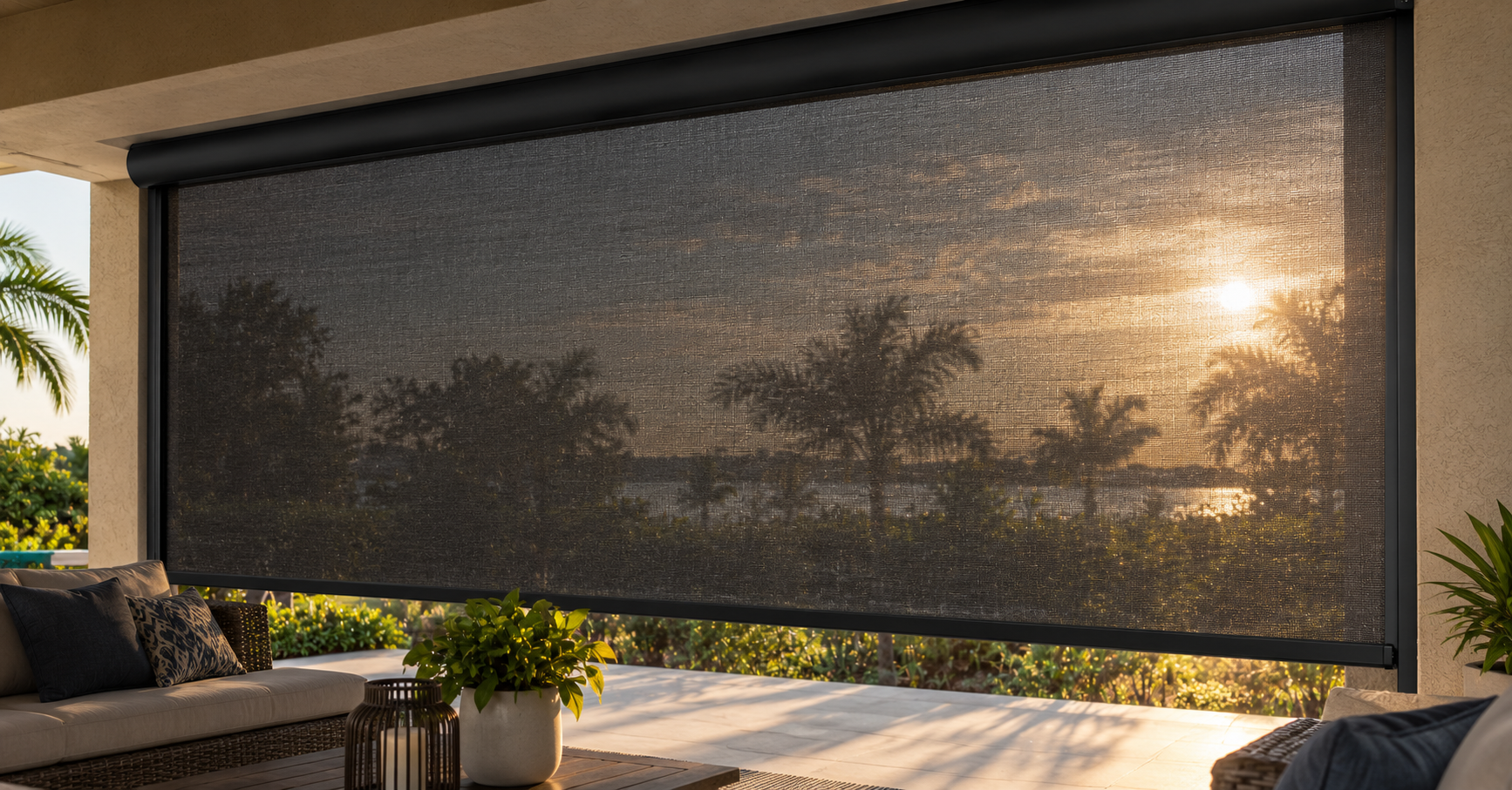 Charcoal solar shade screen deployed across a west-facing covered patio, low afternoon sun filtering through the fine woven mesh while the seating area stays in even shade — One-Track 90/95/97 solar shade screen grades from Fenetex