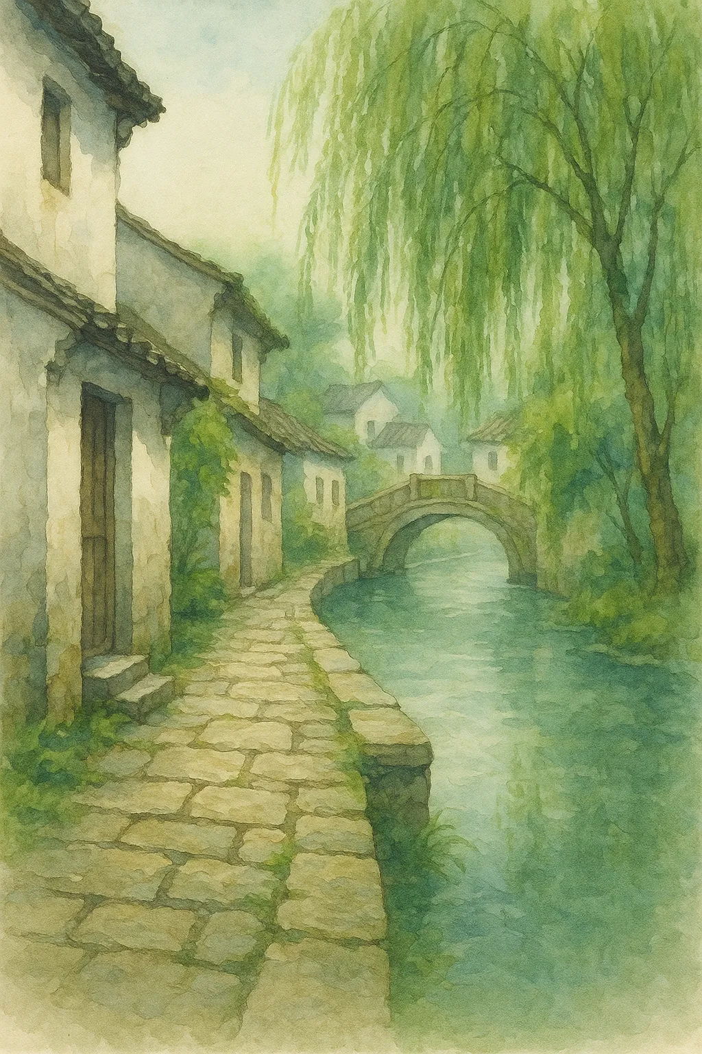 Ancient Jiangnan bridge with willow trees, representing transformation and emotional healing through Quantum Healing Hypnosis