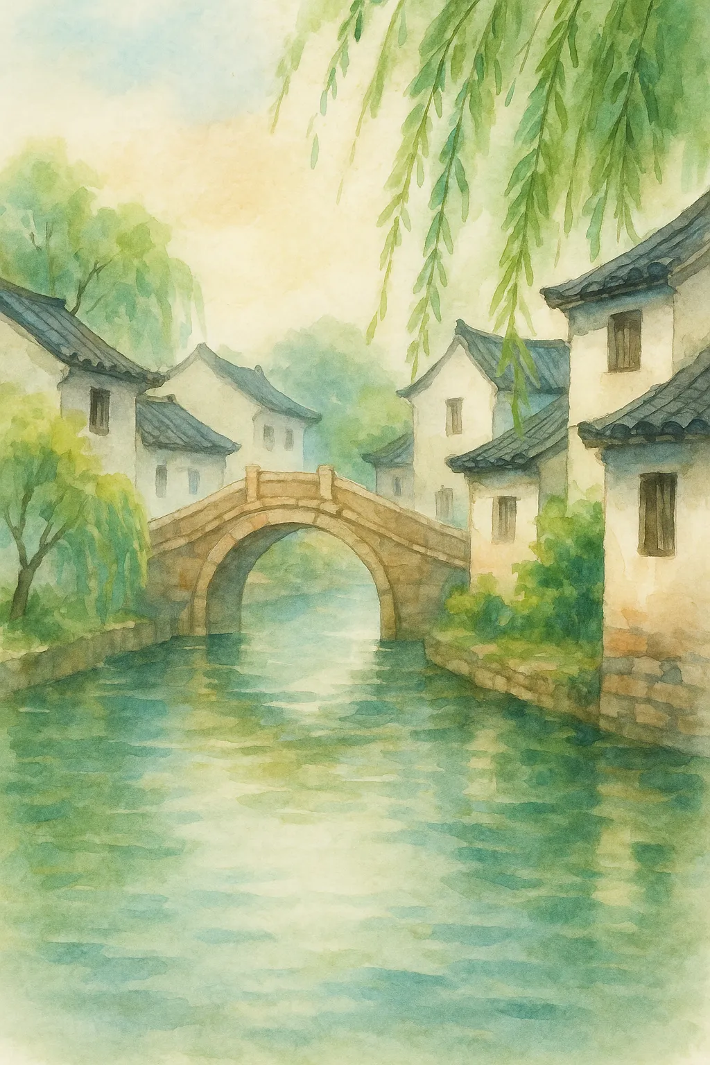 Watercolor painting of a peaceful Jiangnan water town featuring a stone arch bridge over a reflective canal, traditional white houses with dark roofs, and cascading willow branches.