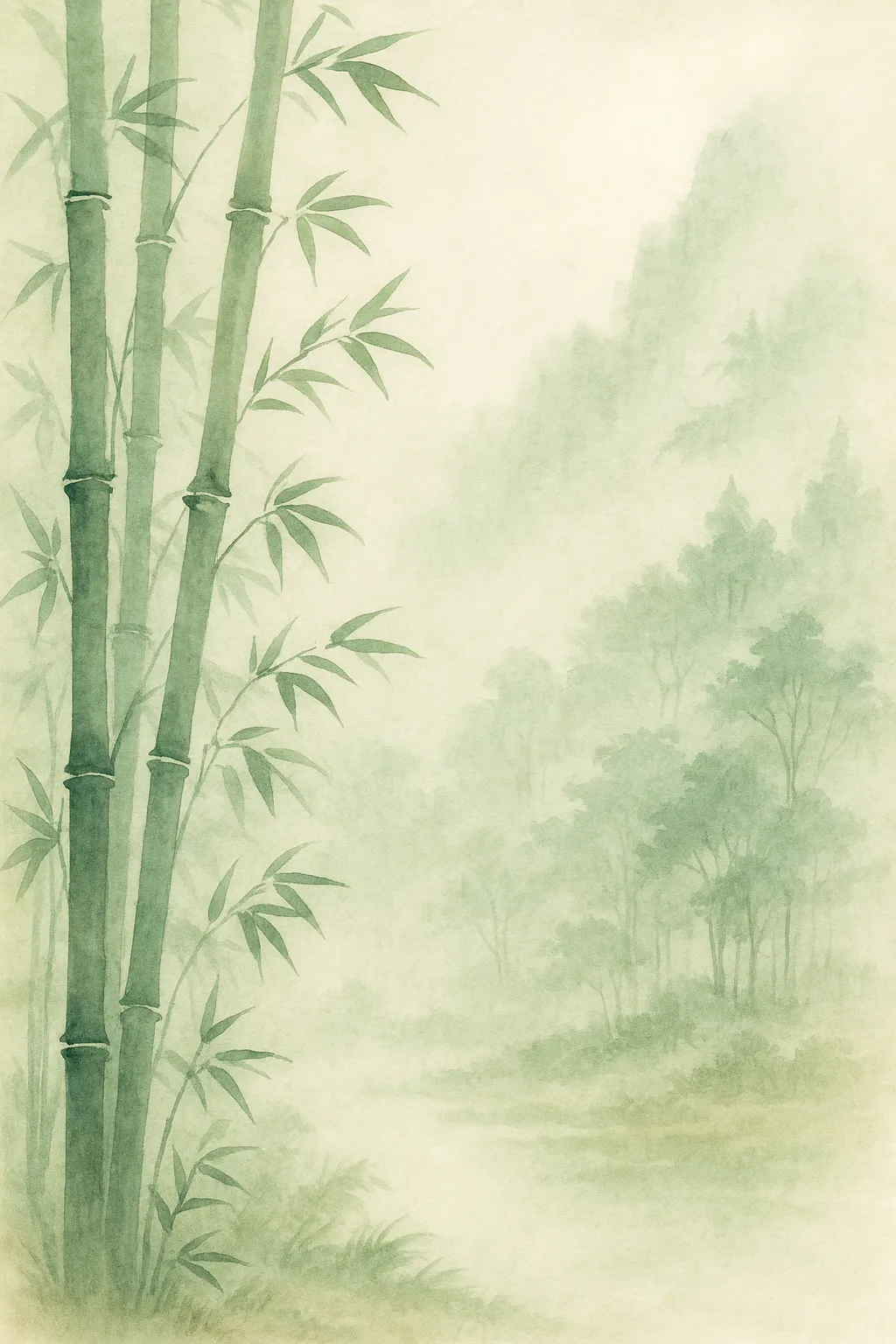 Peaceful watercolor bamboo grove in Jiangnan, reflecting grounding and inner strength after emotional trauma release