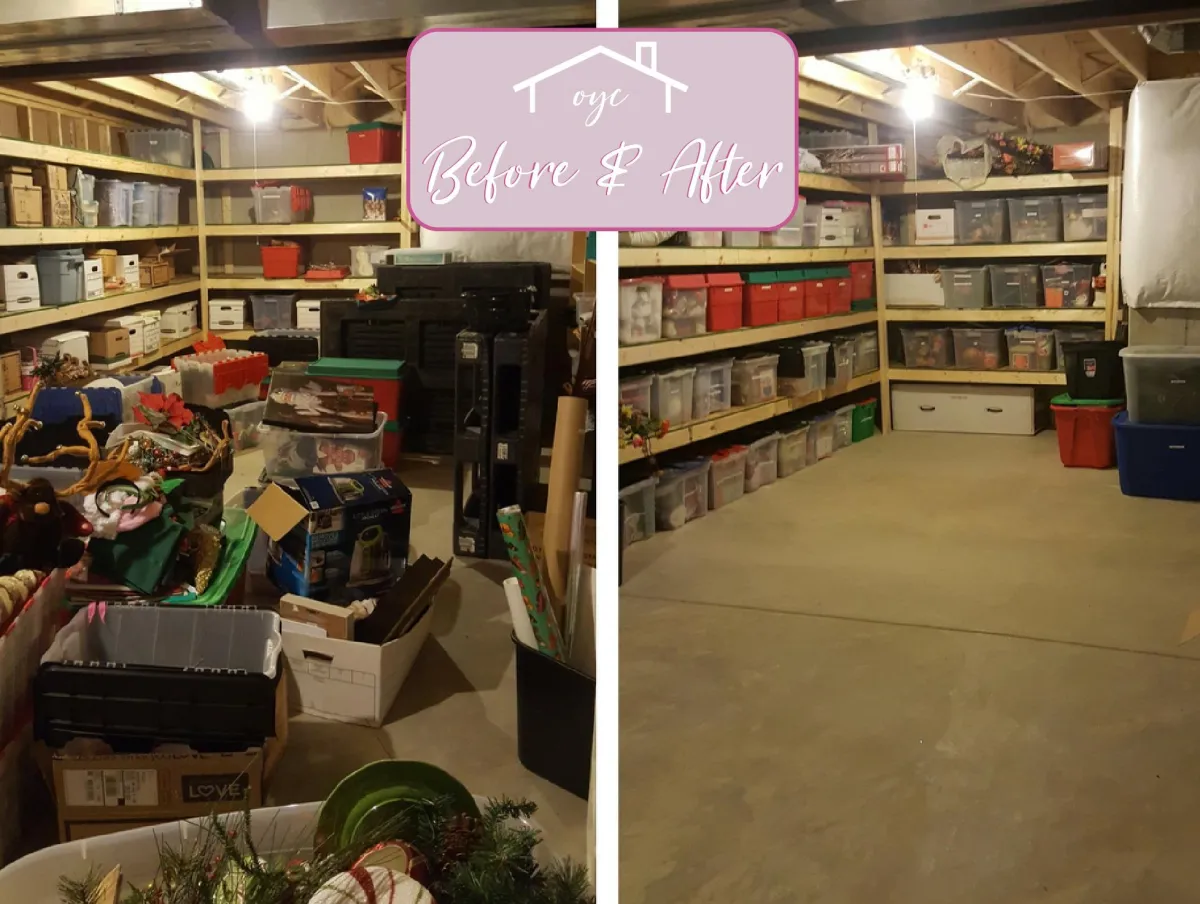 Home Organizing Basement Storage Room before and after