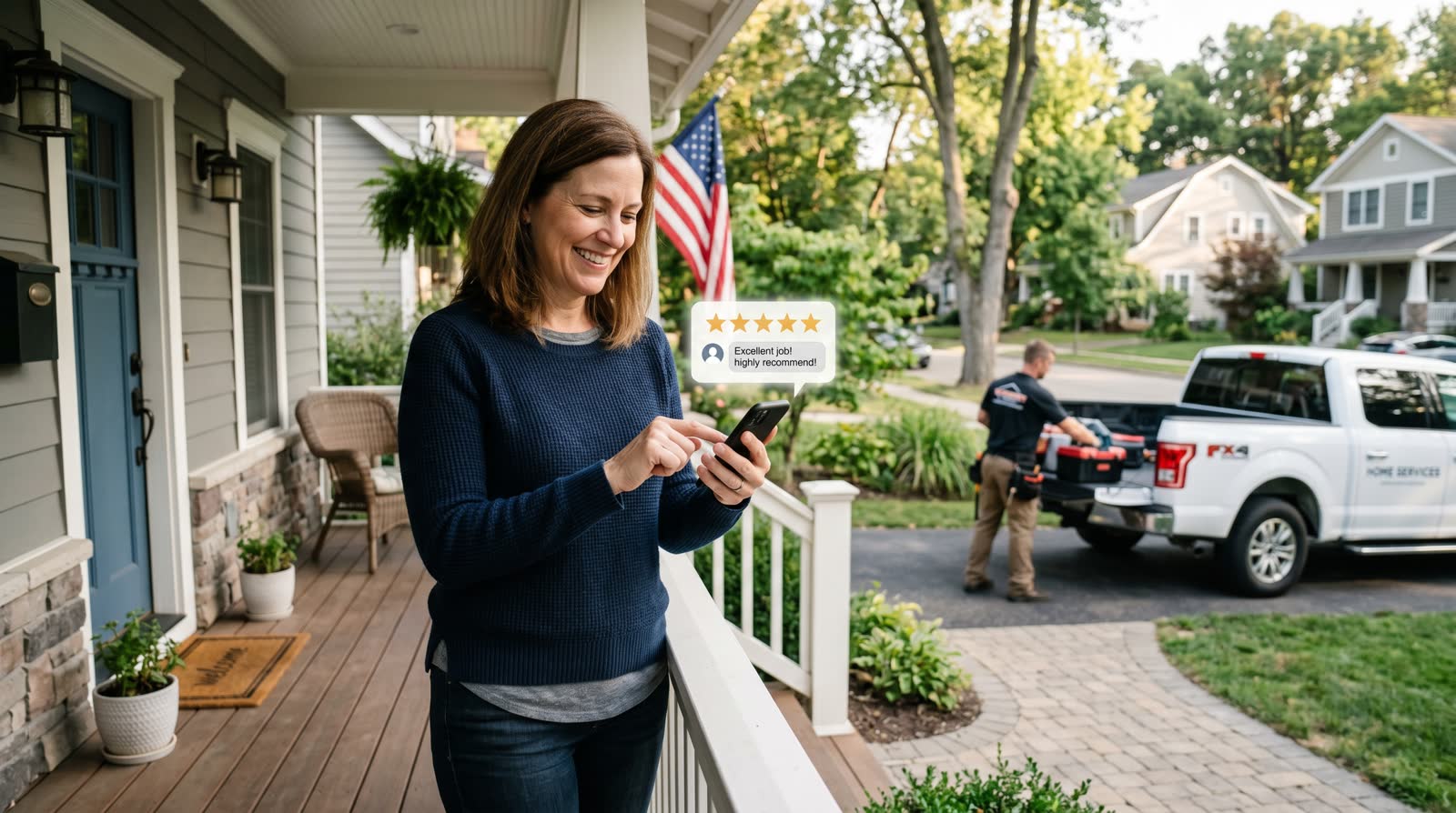 Smiling homeowner leaving a 5-star Google review on her phone