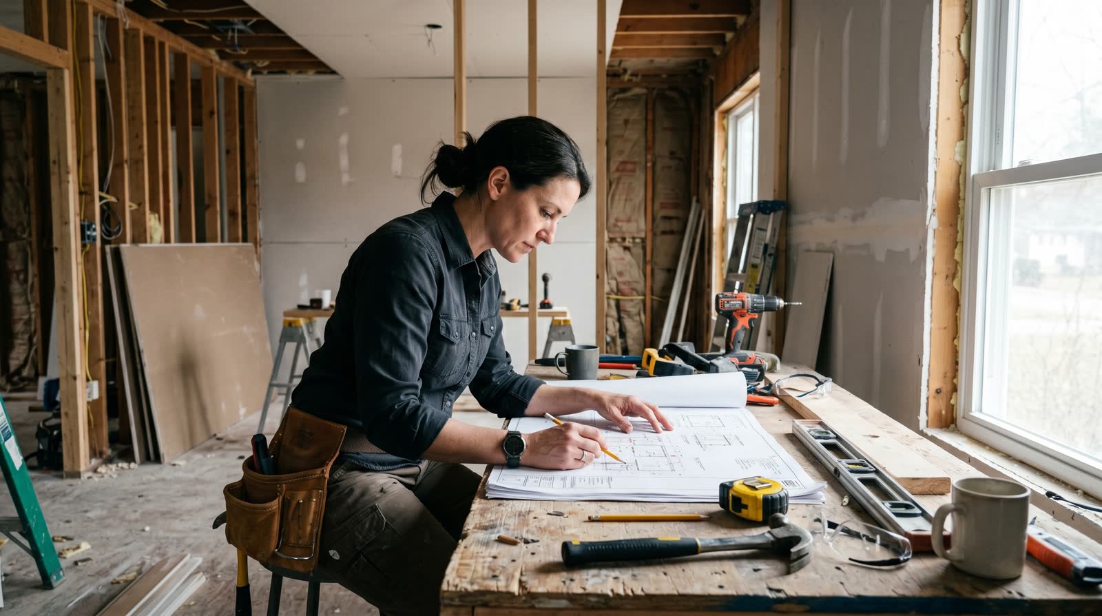 Remodeling contractor reviewing blueprints inside a renovation