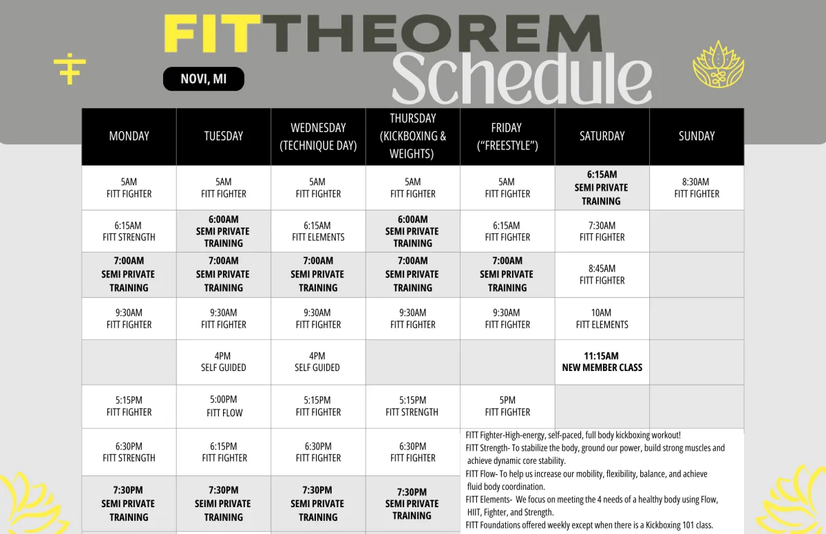FIT THEOREM Schedule for ClassesIn Novi, Michigan offering Kickboxing Classes and other fitness programs.