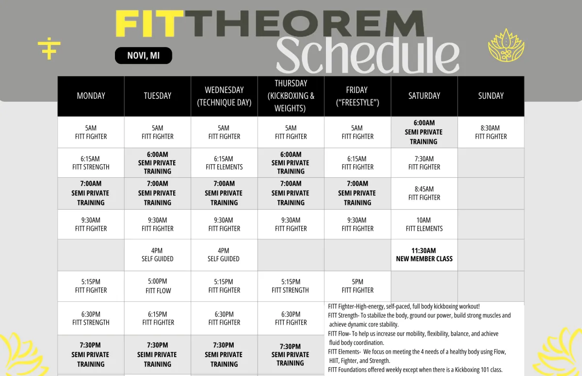 Fit Theorem's class schedule for kickboxing, HIIT, animal flow and more.