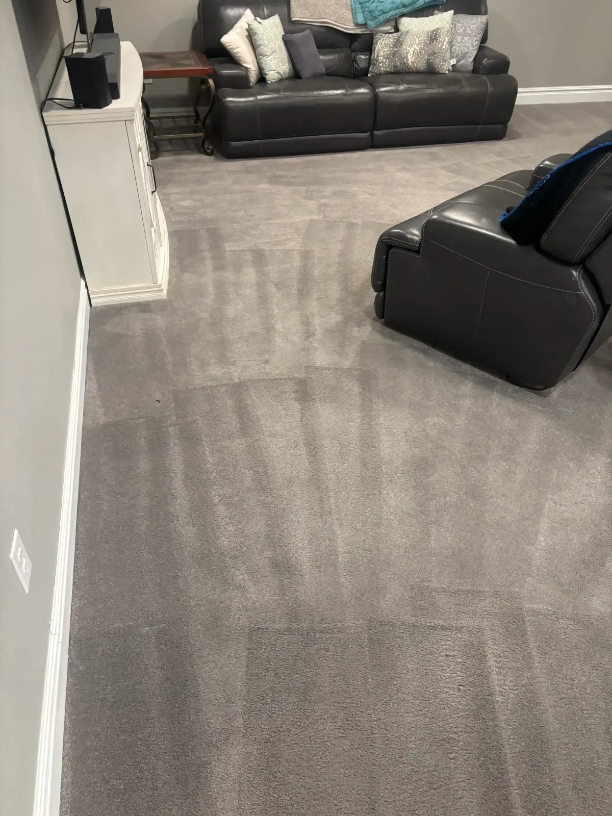 Before and after of nylon polyester blend carpet in a Westminster home after emergency same-day pet contamination cleaning with Saiger's P-Lime-Zyme enzyme treatment and Prochem Apex GTX truckmount extraction
