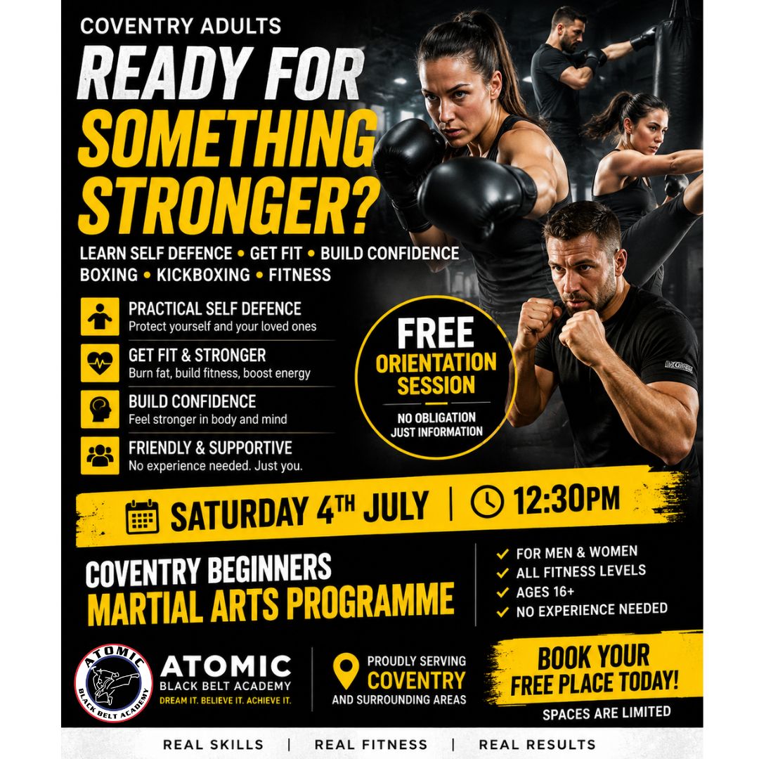 Adults learning self-defence, kickboxing and boxing in Coventry through a beginner-friendly martial arts and fitness programme at Atomic Black Belt Academy.