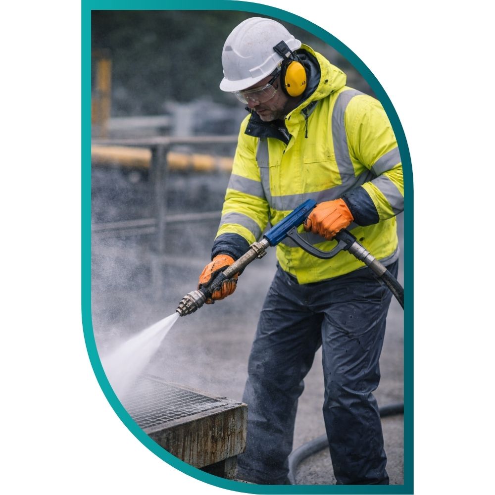 Operative carrying out water jetting operation, depicting one of the many activities that can cause hand-arm vibration