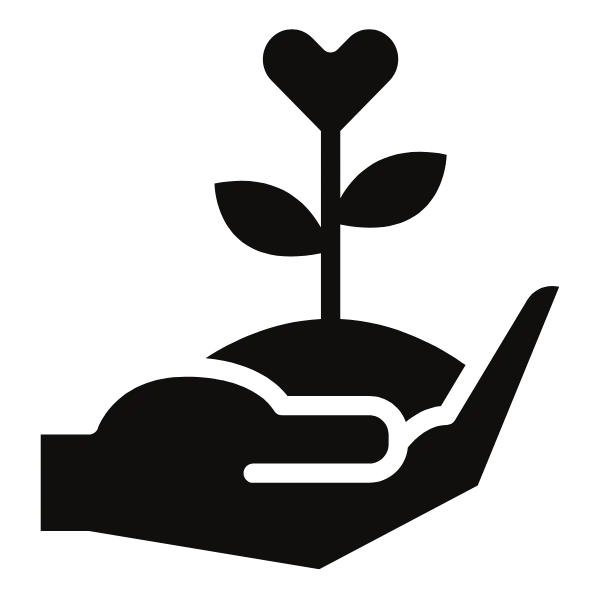 Black and white icon of a hand holding soil with a small plant growing, featuring a heart-shaped leaf at the top.