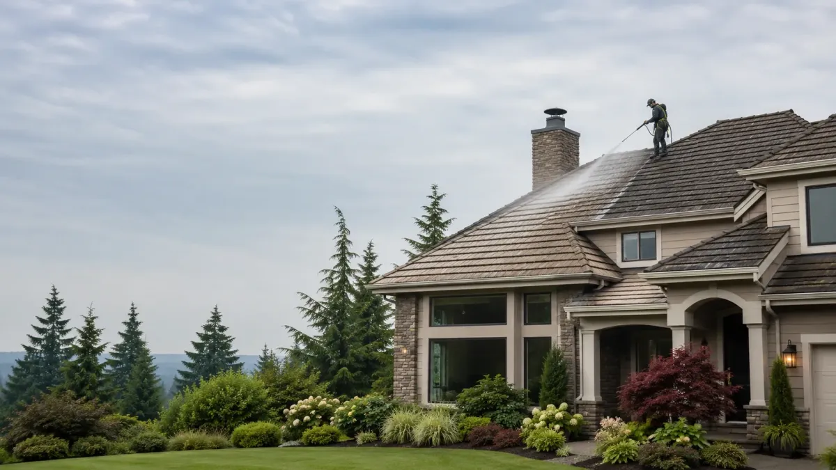 Luxury Kirkland home receiving professional soft wash roof cleaning with clean shingles, spotless gutters, and Pacific Northwest landscaping.