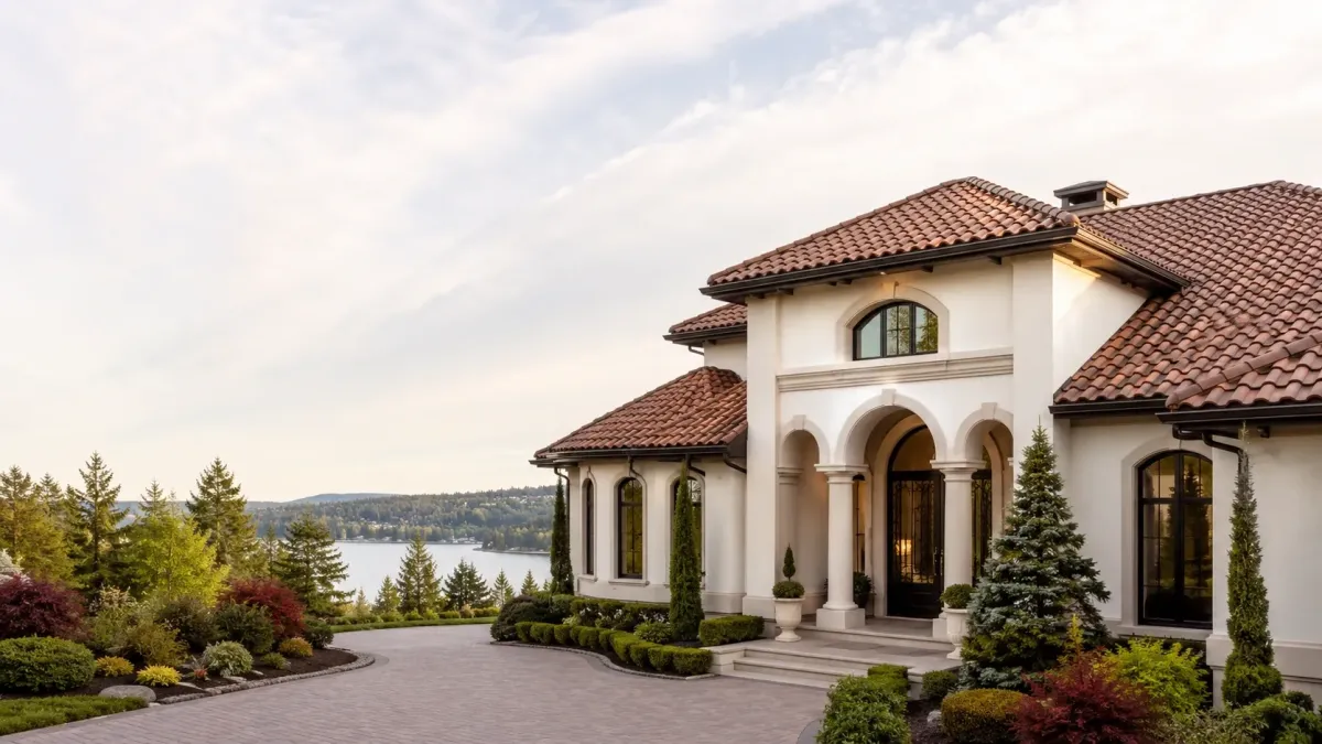 Elegant Eastside luxury home with a clean tile roof, manicured landscaping, and premium curb appeal after professional roof cleaning.