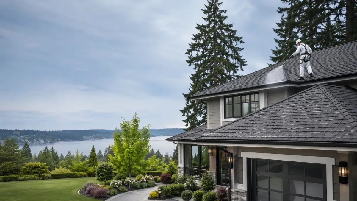 Kirkland roof treatment application on a luxury home with clean shingles, spotless gutters, and scenic lakefront landscaping.