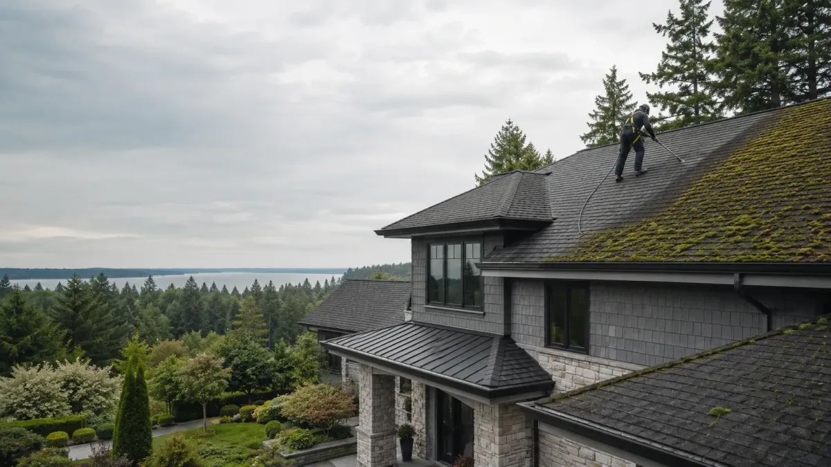 Professional roof moss removal on a high-end Kirkland home with partially cleaned asphalt shingles, mature evergreens, and lake views.