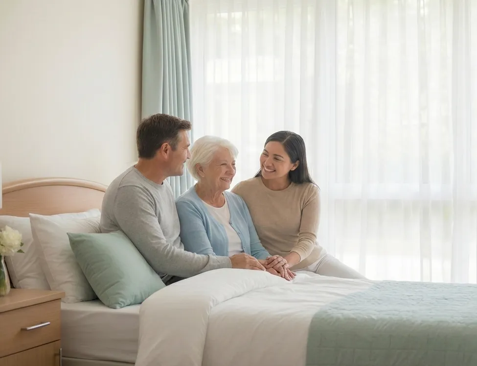 Family visiting their elderly mother in a bright and calm nursing home room