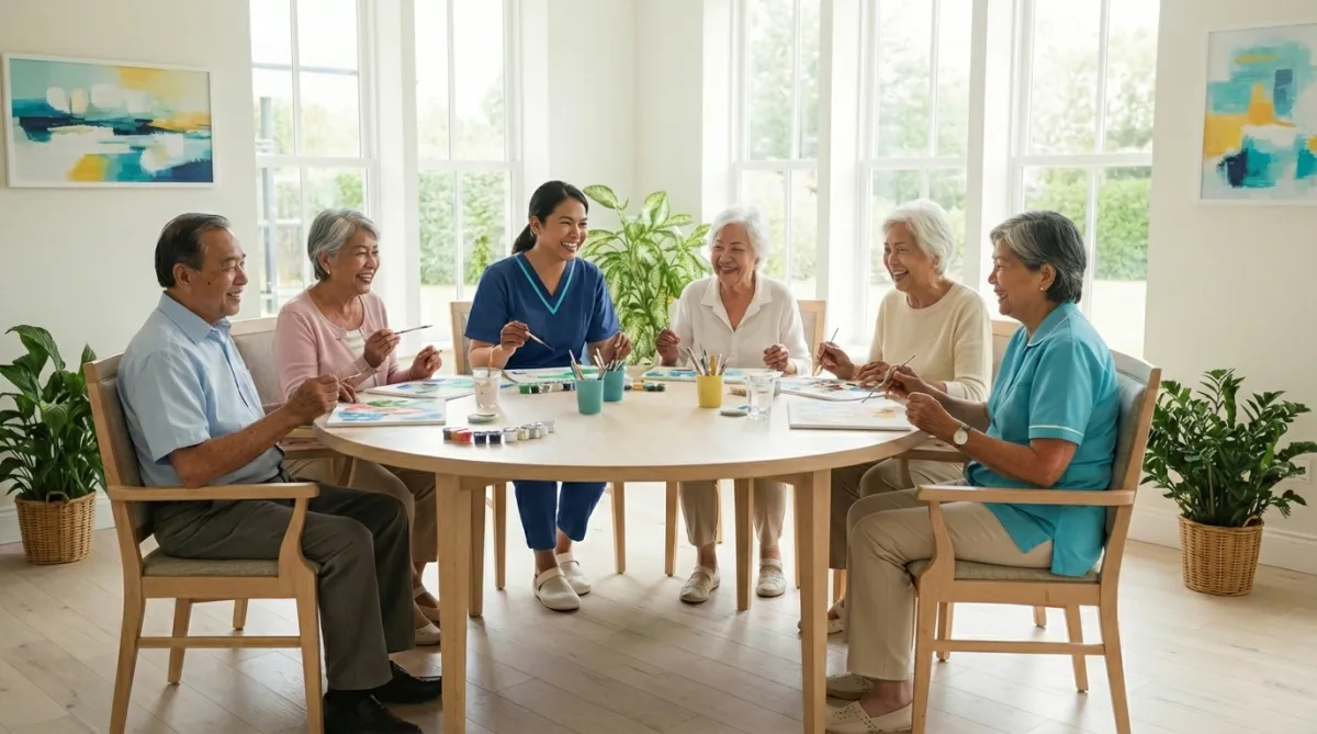 Elderly residents participating in group activity with staff at HomeMedix Goodrich