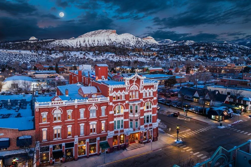 Aerial image of downtown Durango Colorado during balloon glow