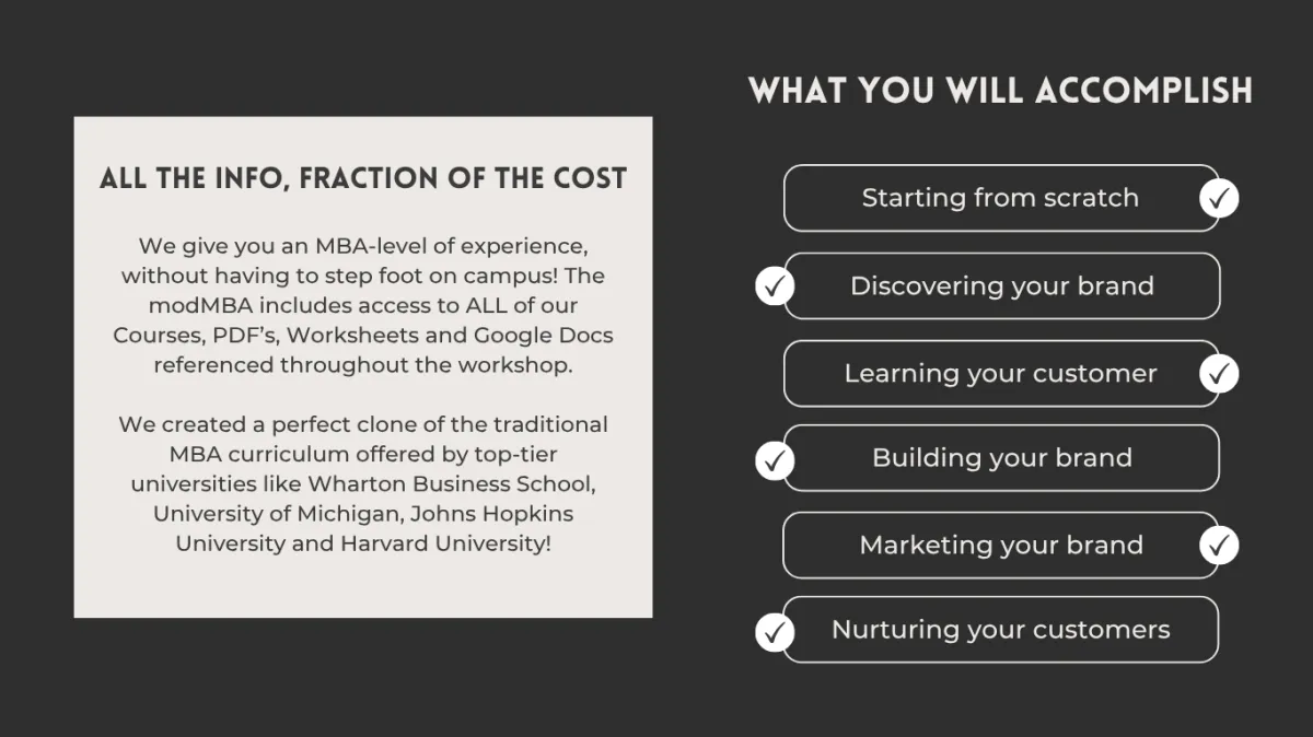 ALL THE INFO OF A TRADITIONAL MBA DEGREE FOR A FRACTION OF THE COST AND WITHOUT STEPPING FOOT IN A CAMPUS