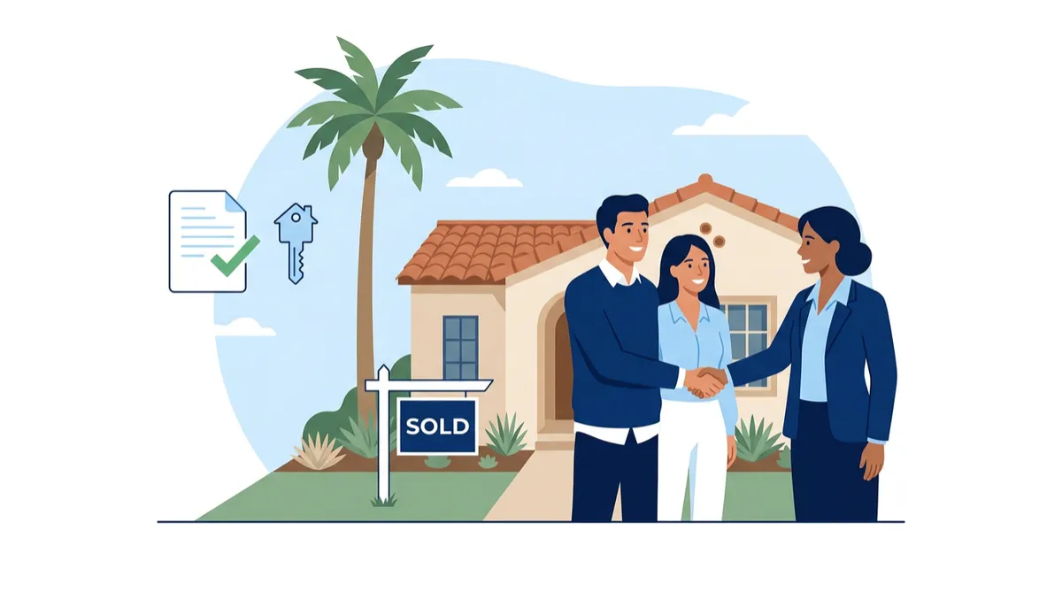 Illustration of California home buyers shaking hands with a real estate agent in front of a sold home