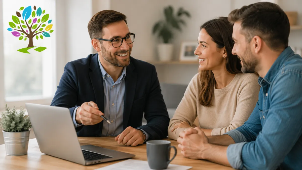 A friendly insurance broker helping a relaxed couple compare options