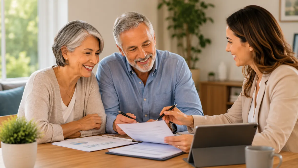 A happy retired couple reviewing Medicare options with a broker