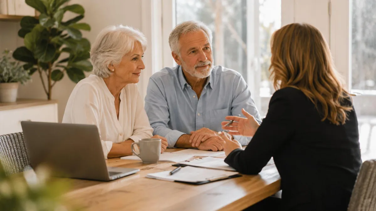 An older couple comparing two Medicare Supplement options with a licensed agent