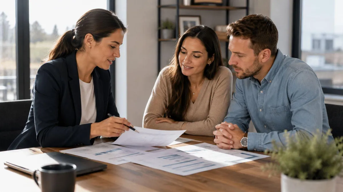 A self-employed person reviewing health insurance options with a broker