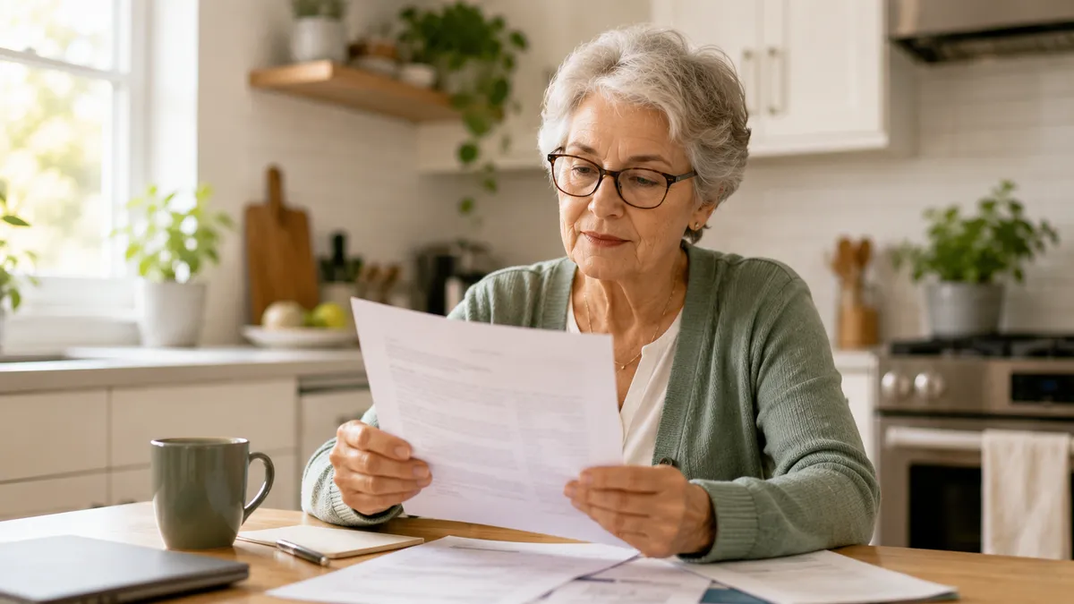 An older adult reading a Medicare plan letter at a kitchen table