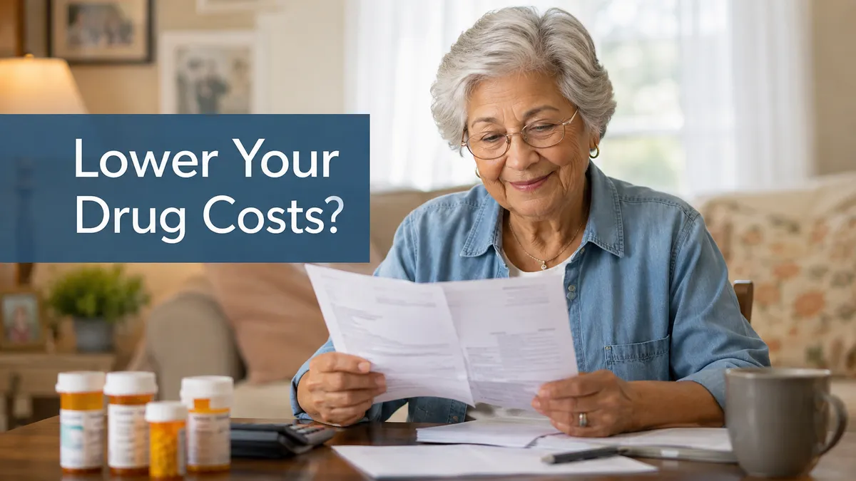 An older adult reviewing prescription costs and paperwork with relief