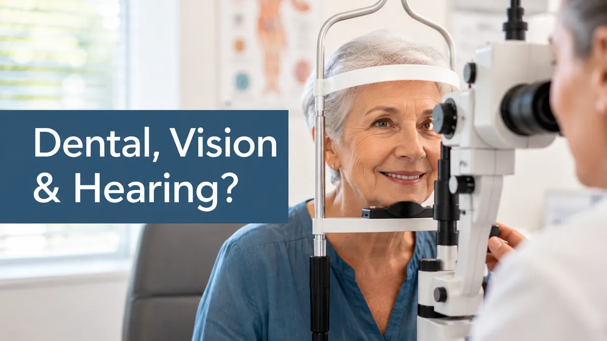 An older adult at an eye exam, representing dental, vision, and hearing care