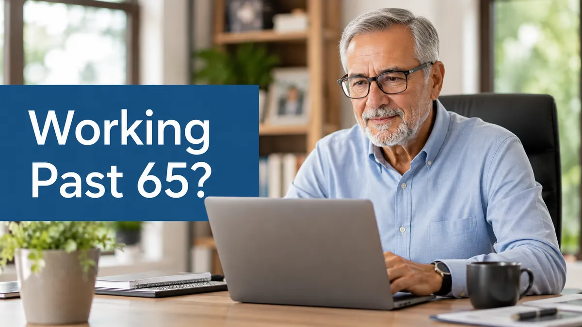 An adult around 65 still working at a desk, considering Medicare options