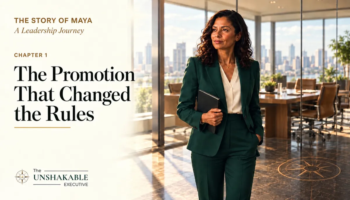 The Story of Maya, Chapter 1: The Promotion That Changed the Rules. Maya in a green blazer beside a sunlit executive office, with The Unshakable Executive branding.