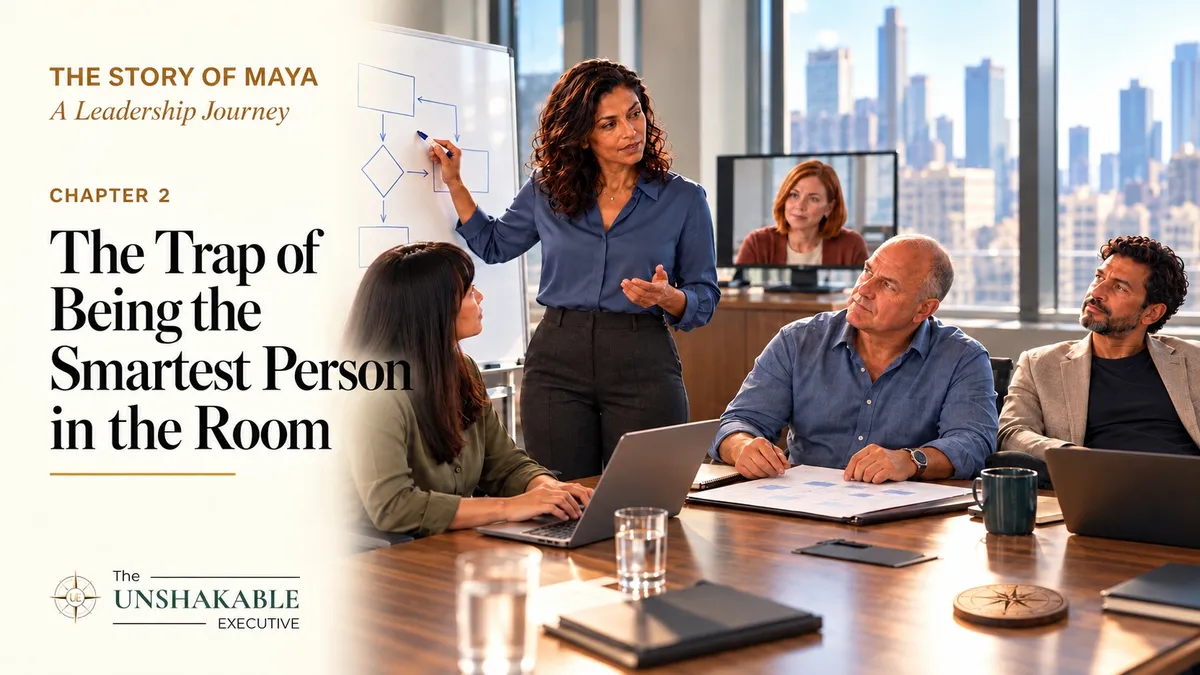 The Story of Maya, Chapter 2: The Trap of Being the Smartest Person in the Room. Maya at a whiteboard with her team in a sunlit conference room.