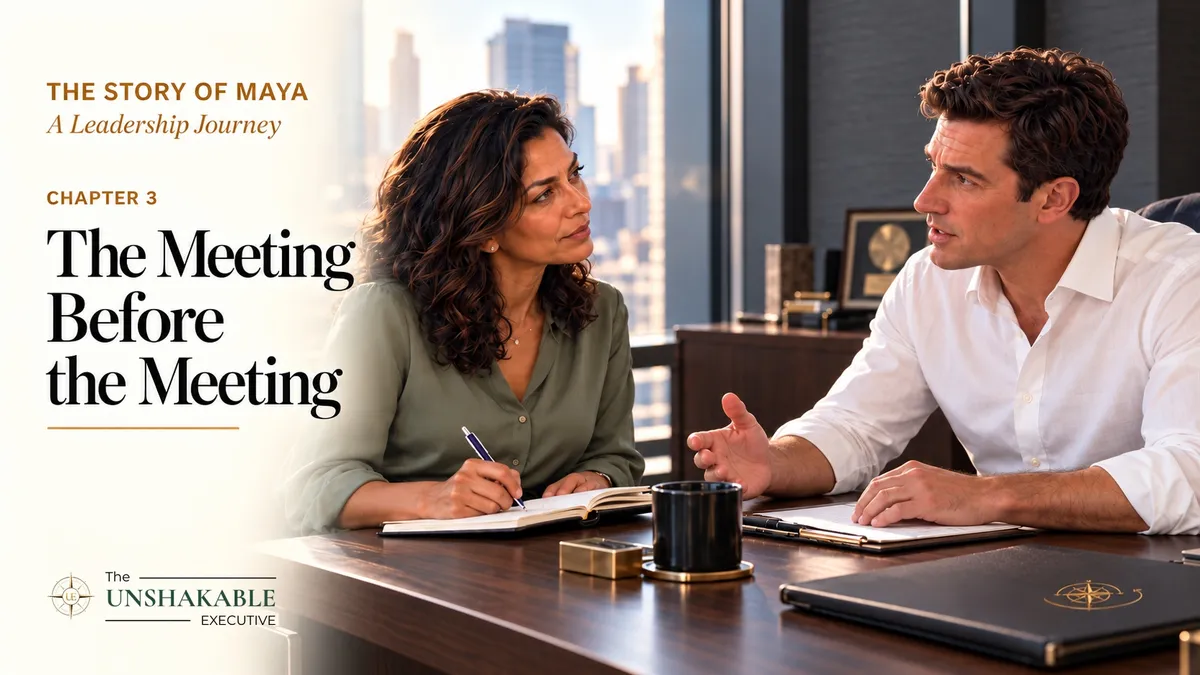 The Story of Maya, Chapter 3: The Meeting Before the Meeting. Maya and Daniel discuss a recommendation across his office desk.