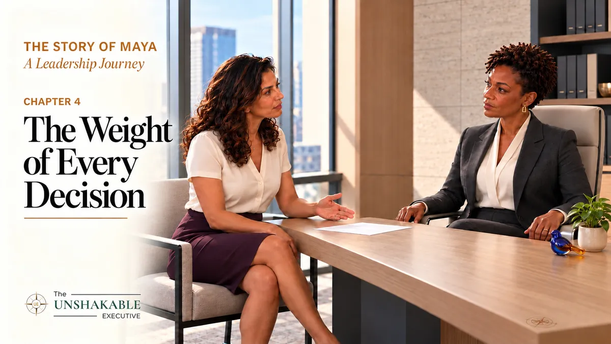 The Story of Maya, Chapter 4: The Weight of Every Decision. Maya presents her recommendation to Karen across a bare wood desk.