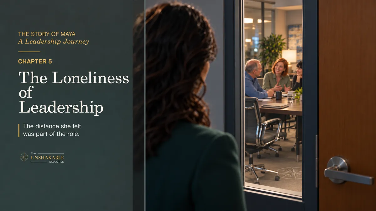 The Story of Maya Chapter 5: The Loneliness of Leadership cover, with Maya looking into a room where her team is gathered